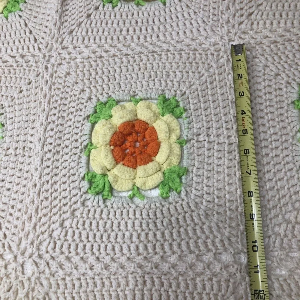 Crochet Afghan Blanket 3D Rose Throw Handmade Granny Square 70s Decor 42” x 68”